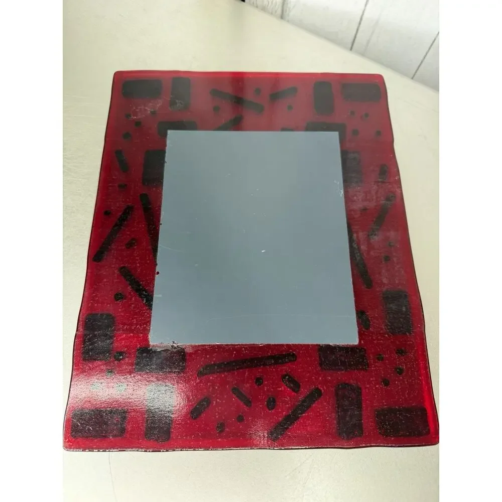 VTG Handmade Fused Mosaic Mirror Art Multi-Color Bright Red Metallic